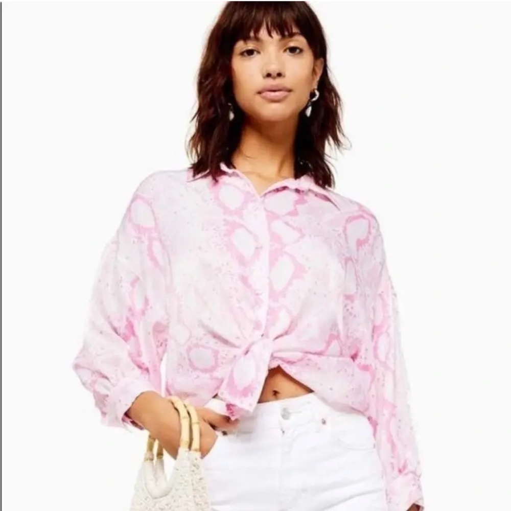 🦋 Topshop Pink Snakeskin Button Down Long Sleeve Blouse Size 4 Barbie